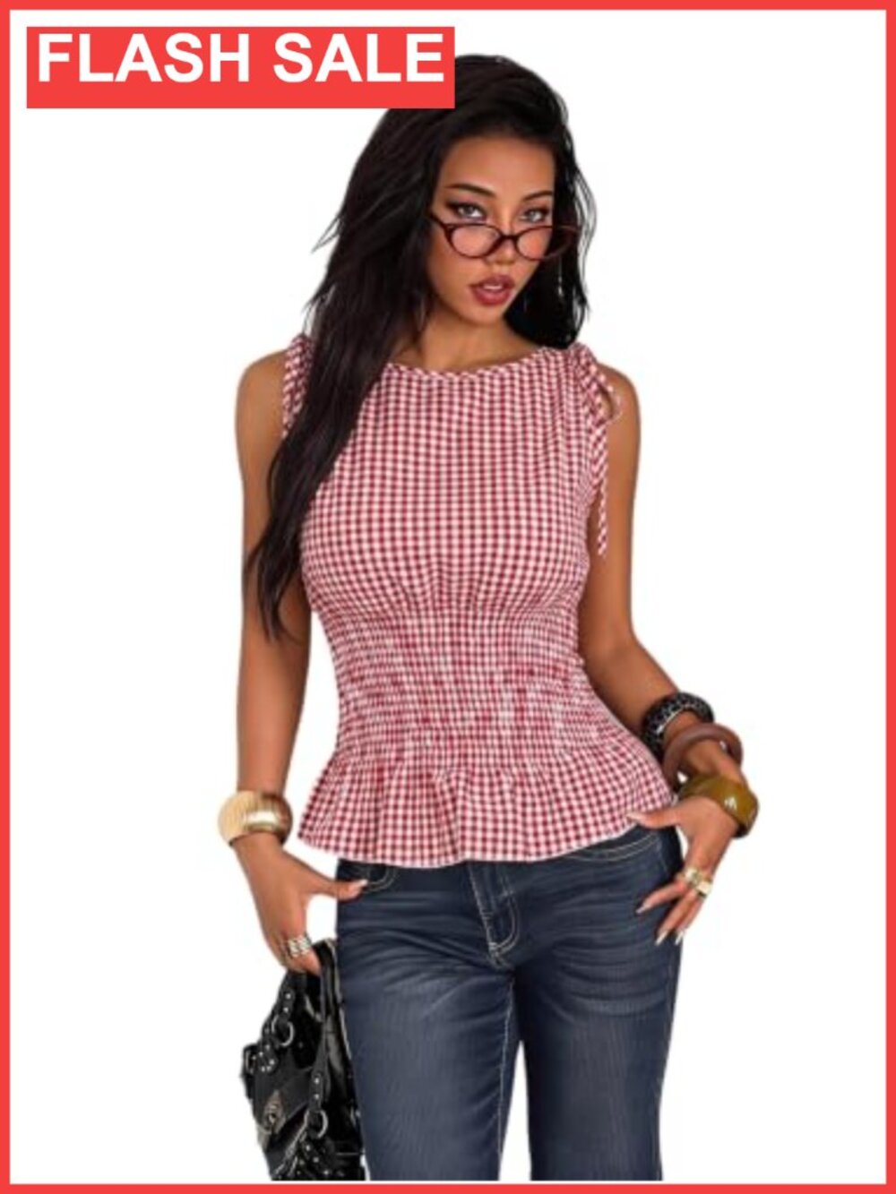 Milumia Plaid Gingham Tank Top Smocked Cinched Waist Sleeveless